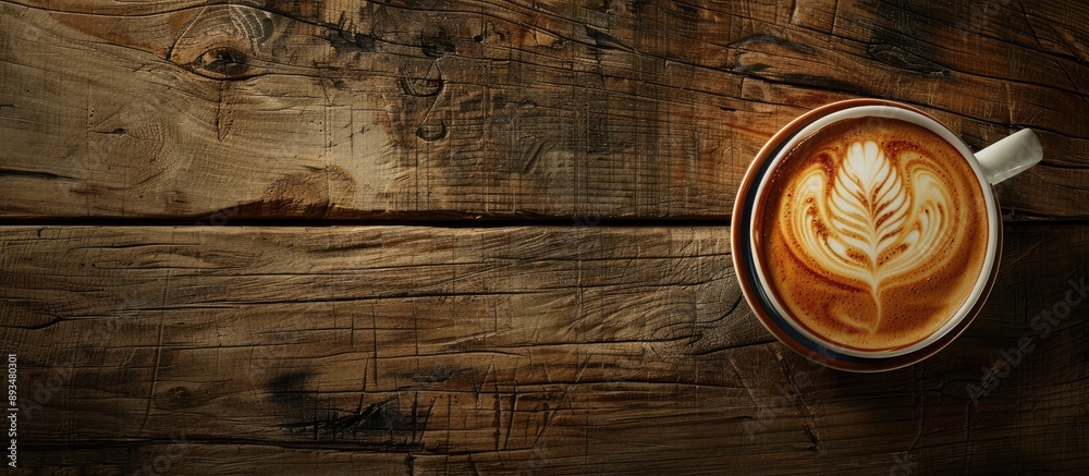 Aufkleber Flat lay style cup of cappuccino with latte art on a wooden background providing a visually appealing copy space image