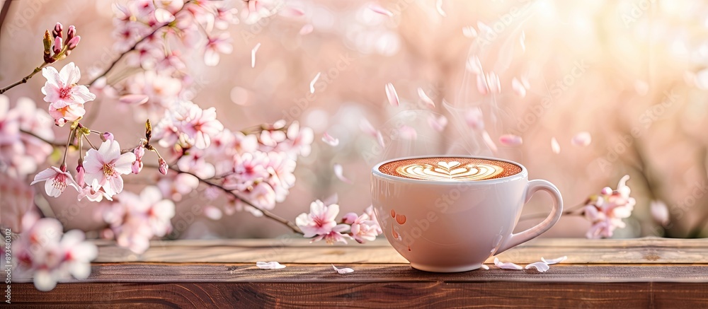 Poster coffee cup adorned with latte art on a wooden table against a backdrop of sakura or cherry blossoms 