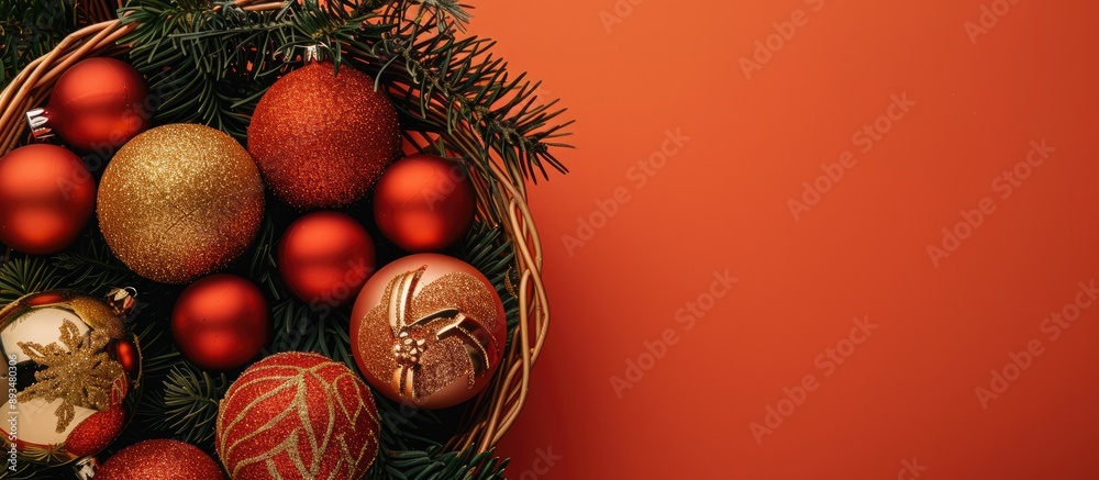 Poster flat lay christmas ornaments on an orange background with space for text the basket holds golden and