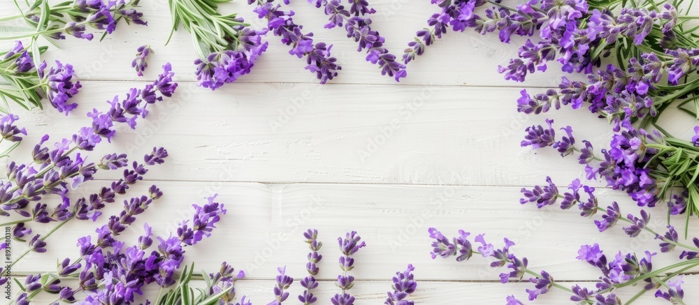 Leinwandbilder a floral composition with vibrant purple lavender flowers arranged in a circular frame on a white wo