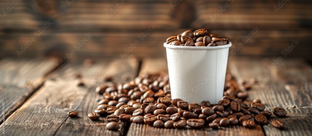 Poster desaturated wooden background highlighting coffee beans in a white cap emphasizing the concept of th