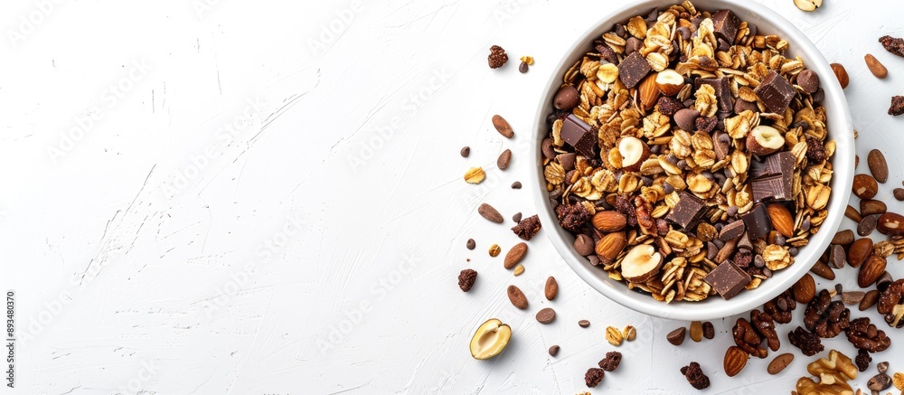 Poster granola cereal with chocolate and nuts presented on a white background with copy space image