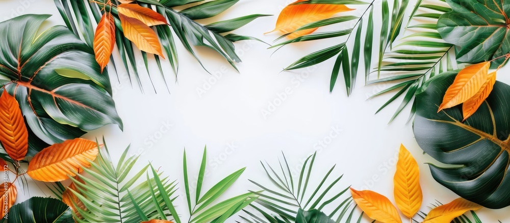 Poster frame made of autumn foliage on white background for tropical feel flat lay top view with natural ph