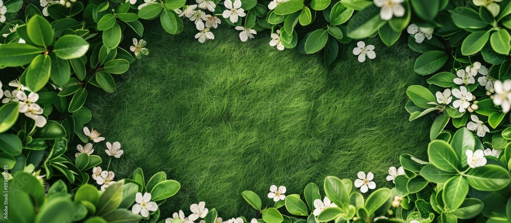 Poster Green leaves framing a copy space image with blossoms viewed from the top on a grassy border in the spring providing a blank template for text in a flat lay composition