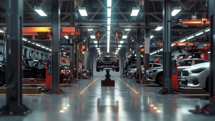 A modern, well-lit car service garage with multiple cars on lifts, showing a spacious and efficient workspace