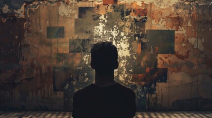Contemplative silhouette of person gazing at abstract art. Contemporary style with rustic elements. Image evokes introspection and inspiration, suitable for modern designs and creative projects. AI