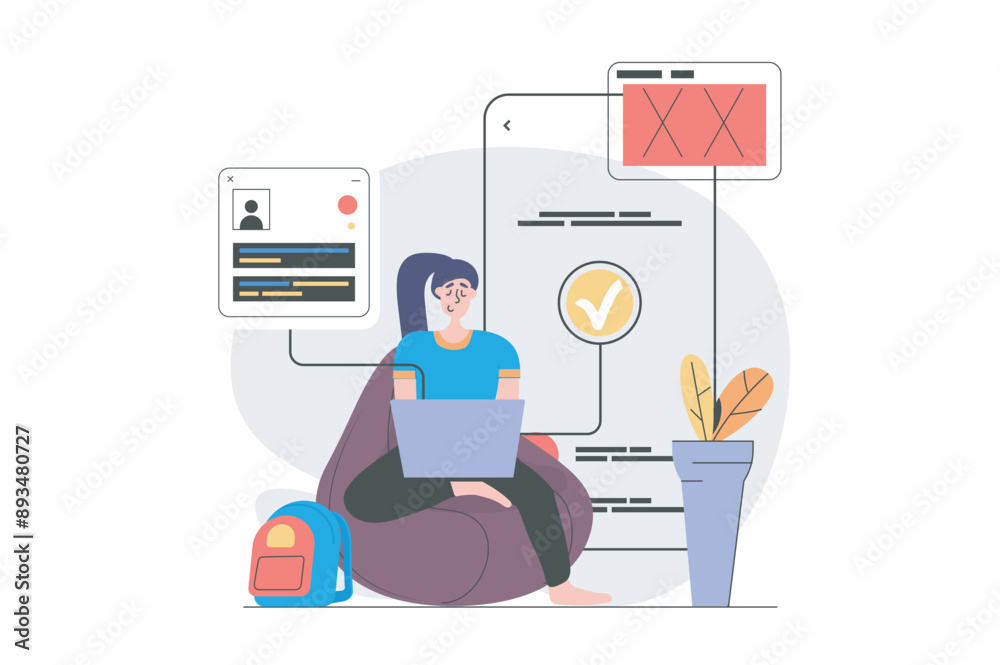 Leinwandbilder App development concept in modern flat design for web. Woman designer programming at laptop, engineering social media site interface, placing content at homepage mobile mockup. Vector illustration.