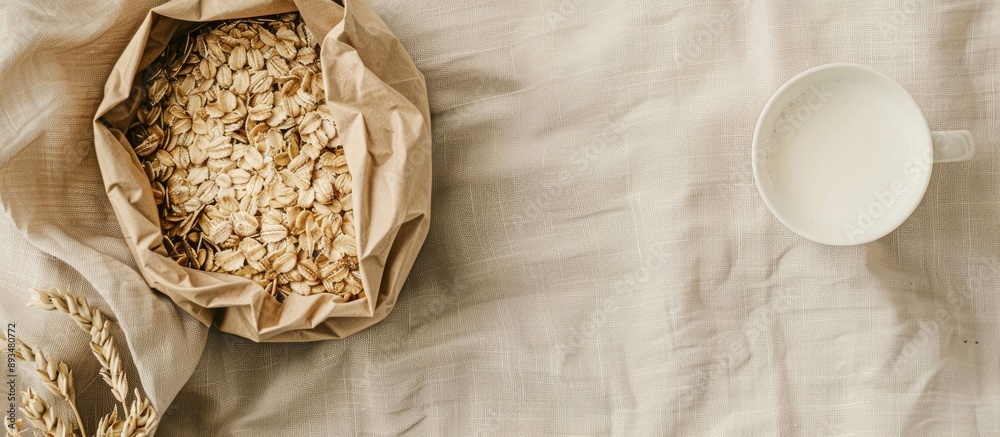 Poster natural oat flakes in an eco friendly paper bag on a linen background with copy space image accompan