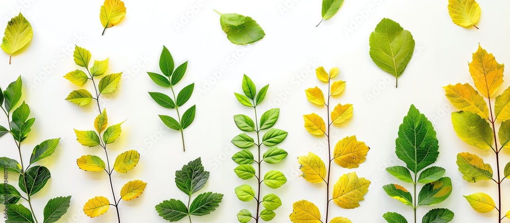 Poster Green and yellow leaves set on a white backdrop for use in background or interior design ideal for a copy space image