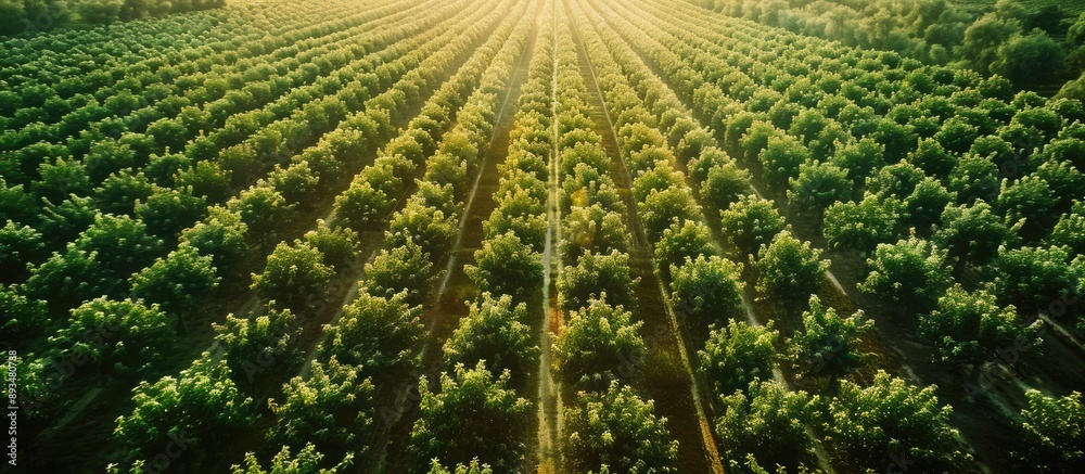 Poster A wide expanse of apple orchards in an aerial shot captured in a high quality copy space image