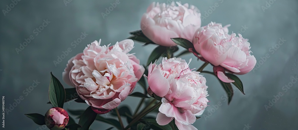 Aufkleber close up of a gorgeous cluster of blooming pink peonies against a gray backdrop with room for text o
