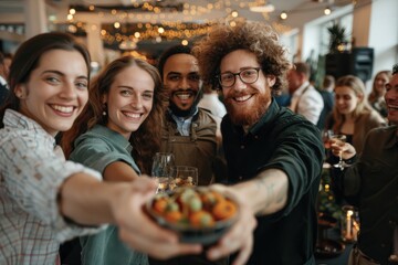 Fototapeta premium A group of friends smiling at the camera, holding snacks, and enjoying a festive party with twinkling lights in the background, exuding warmth and camaraderie.