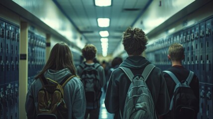 Students walking down a high school hallway
