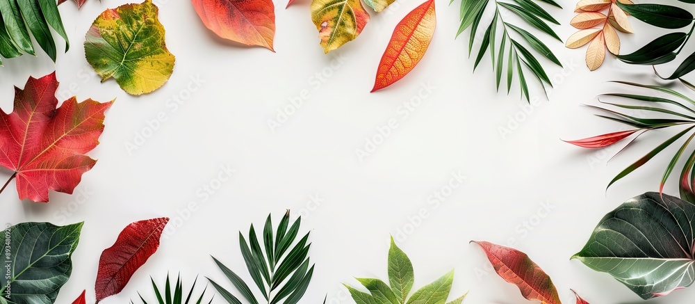 Aufkleber frame made of autumn foliage on white background for tropical feel flat lay top view with natural ph