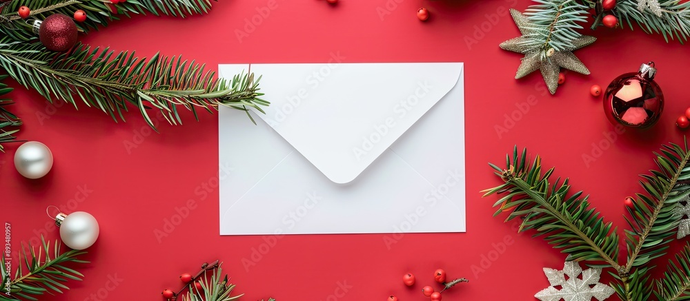 Aufkleber Top view of a festive flat lay featuring a blank invitation and craft paper envelope for a New Year celebration presenting a Christmas greeting card template with background copy space image