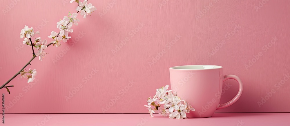 Poster pink cup with a white flower branch on a pink backdrop providing space for text or other elements in