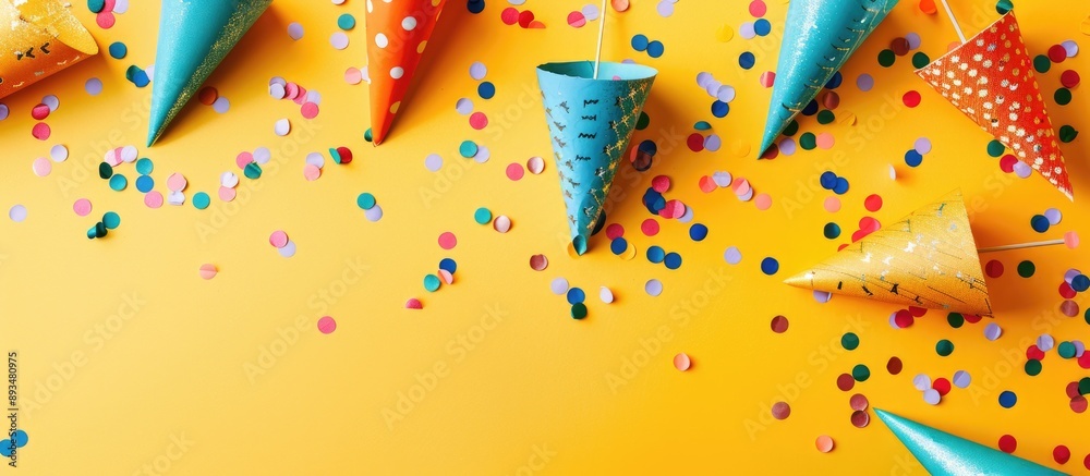 Poster Top down view of exquisite party hats against a vibrant yellow backdrop with room for text in the copy space image