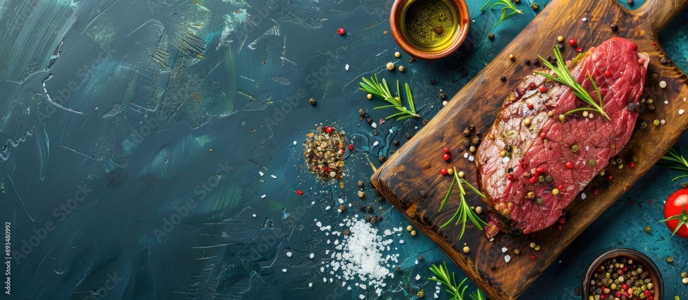 Poster a large piece of beef is on a cutting board with spices like salt pepper and olive oil placed around