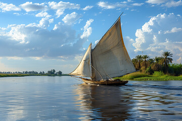 Navigating the Nile: Traditional Felucca Sailing Close to the Riverbanks