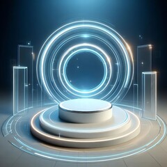 Fototapeta premium Podium background 3D light tech stage future platform game abstract. Podium 3D background technology room product circle glow effect portal stand studio scene white design ring modern display space. 