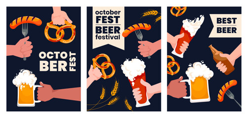 Beer festival creative poster flyer cover design template set. Oktoberfest party flyer background with beer mugs, pretzels and sausages. Happy Oktoberfest beer festival celebration templates .Vector