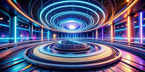 Fototapeta premium Futuristic Neon Circular Platform with Abstract Lights