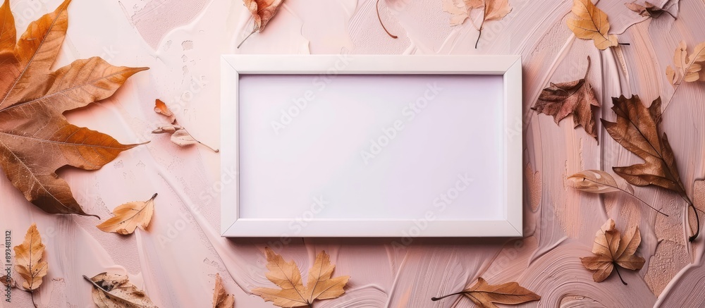 Poster white photo frame with autumn dried leaves on an autumn background creates a flat lay top view ideal