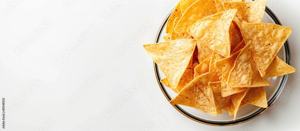 Aufkleber nachos arranged in a glass bowl on a white background with copy space image