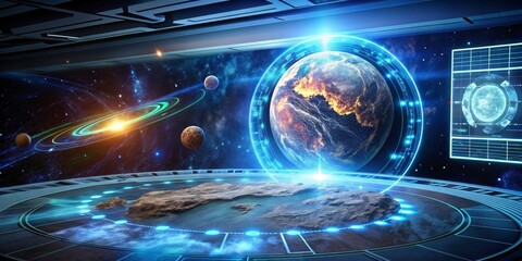 Obraz premium Futuristic Space Station Interior with Holographic Earth Display