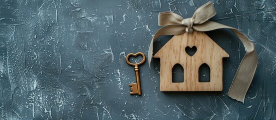 Wooden house model bow and key arranged on a grey table in a flat lay setup next to a copy space image perfect for a housewarming party