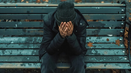 Homeless beggar man suffering from cold and hunger on bench