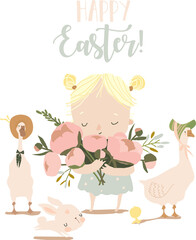 Cute Cartoon Girl with Floral Bouquet, Easter Rabbit and Gooses. Vector Illustration