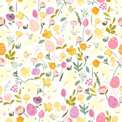 Vector Seamless Pattern with Funny Easter Rabbits and Flowers