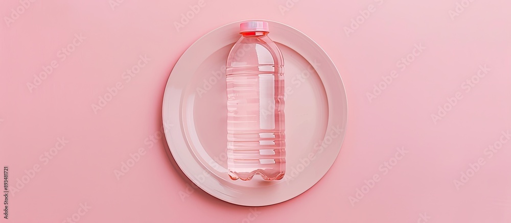Poster unhealthy consumption concept illustrated with a plastic bottle placed on a plate against a pink bac