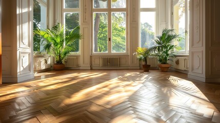 Fototapeta premium Spacious classic room with herringbone parquet flooring and large windows with plants