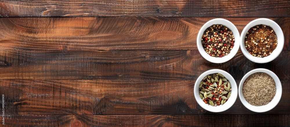 Poster top view of spices in small white bowls on a brown wooden backdrop suitable for pilaf ingredients wi