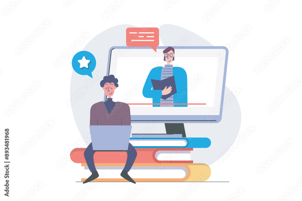 Poster back to school concept in modern flat design for web. student learning online and watching video les