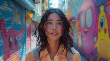 Fototapeta premium Young Woman Smiles in Colorful Alleyway