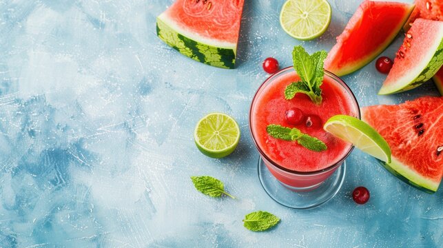 A glass of juice and fresh sweet ripe watermelon slices with plain background