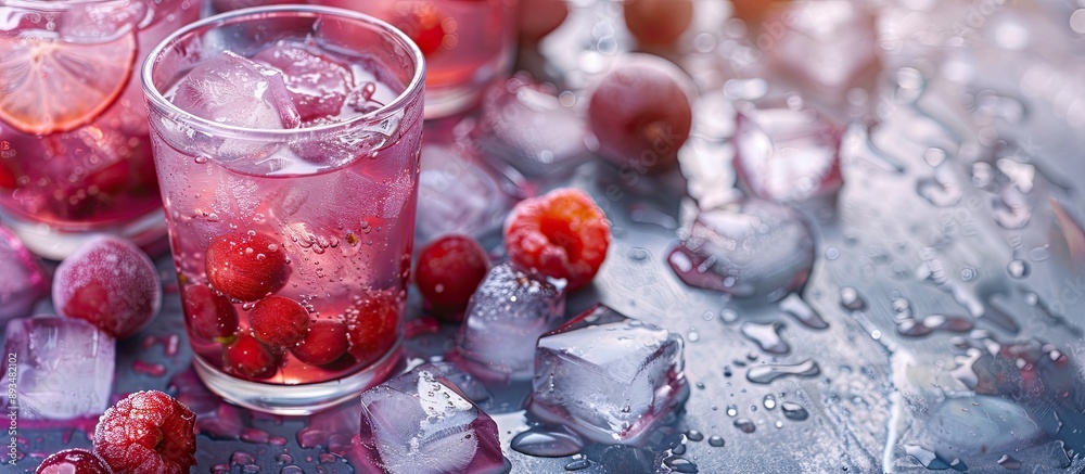 Aufkleber Gooseberry summer drink with berries and ice cubes on a table featuring a close up view and copy space image