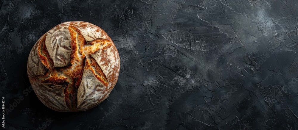 Poster A top down photo of a crusty sourdough loaf on a dark backdrop with space for text or design elements ideal as a food related copy space image