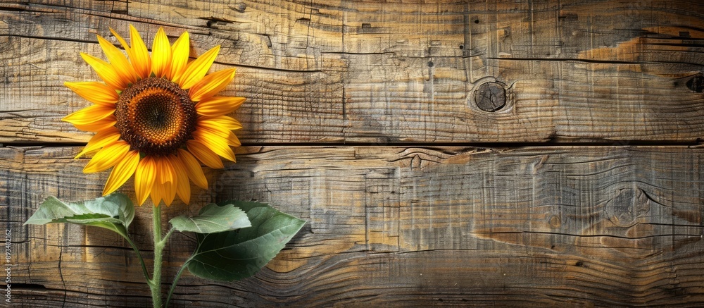 Poster sunflower on a wooden backdrop with copy space image
