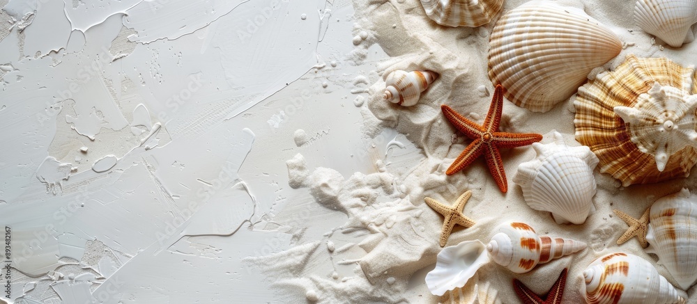 Aufkleber Shells starfish and sand on a white backdrop create a serene copy space image
