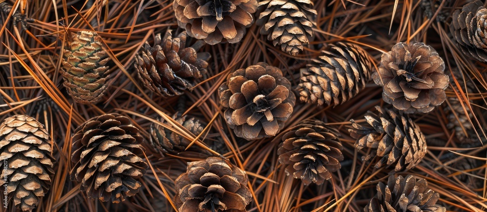Poster Pinecones resting on a bed of pine needles creating a natural backdrop for a copy space image