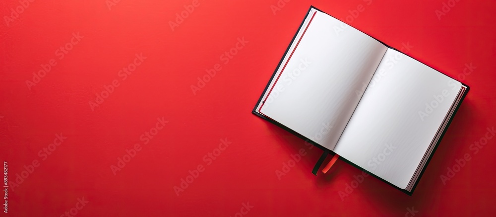 Fototapete Top view of an open notebook on a red background laid flat with ample copy space image