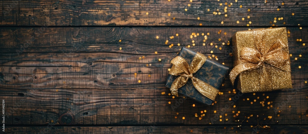 Poster Gift box filled with sparkly items placed on an old wooden surface with ample copy space image