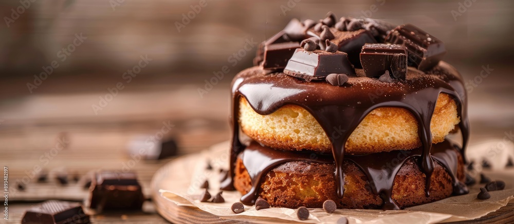 Poster Sponge cake topped with chocolate displayed on a wooden table with copy space image