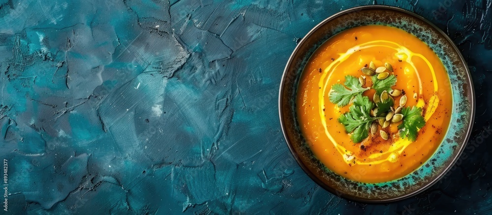 Poster Copy space image of a top view pumpkin and carrot cream soup complemented with cilantro sauce and seeds
