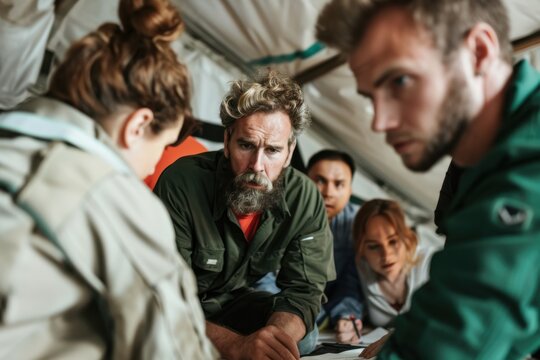A group of individuals in green uniforms, gathered closely and engaged in discussions, operating from a makeshift command center tent, signifying a coordinated relief effort.