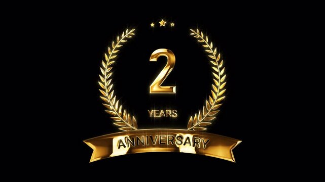 2nd Anniversary Celebration. Happy 2 Years Anniversary Animation in Gold Color on the Transparent Background, Alpha Channel. Great for greetings, celebrations, events, and gifts.